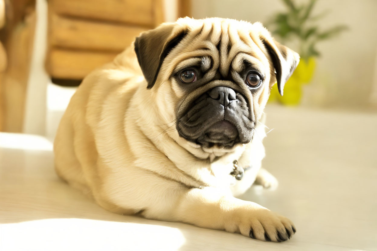 Fawn-colored pug dog with wrinkled face and expressive eyes in sunlit room