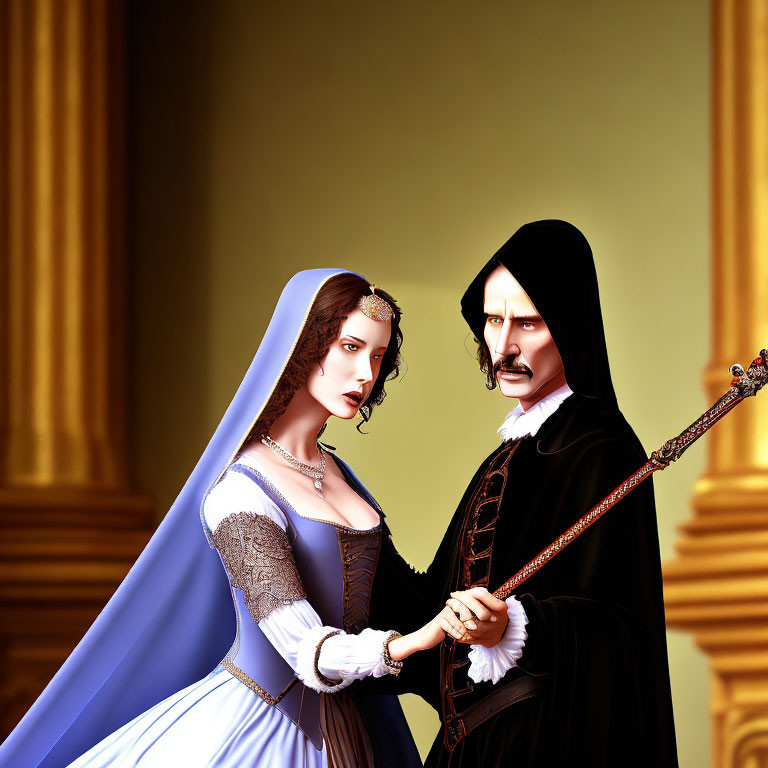 Medieval couple digital art: lady in blue dress, man in black robe & hat, holding hands