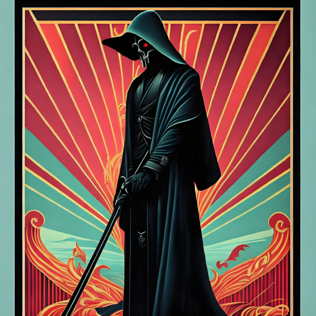 Cloaked figure with staff and fiery mask in art deco setting