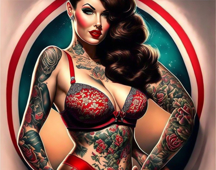 Digital illustration of tattooed woman in red lingerie against striped backdrop