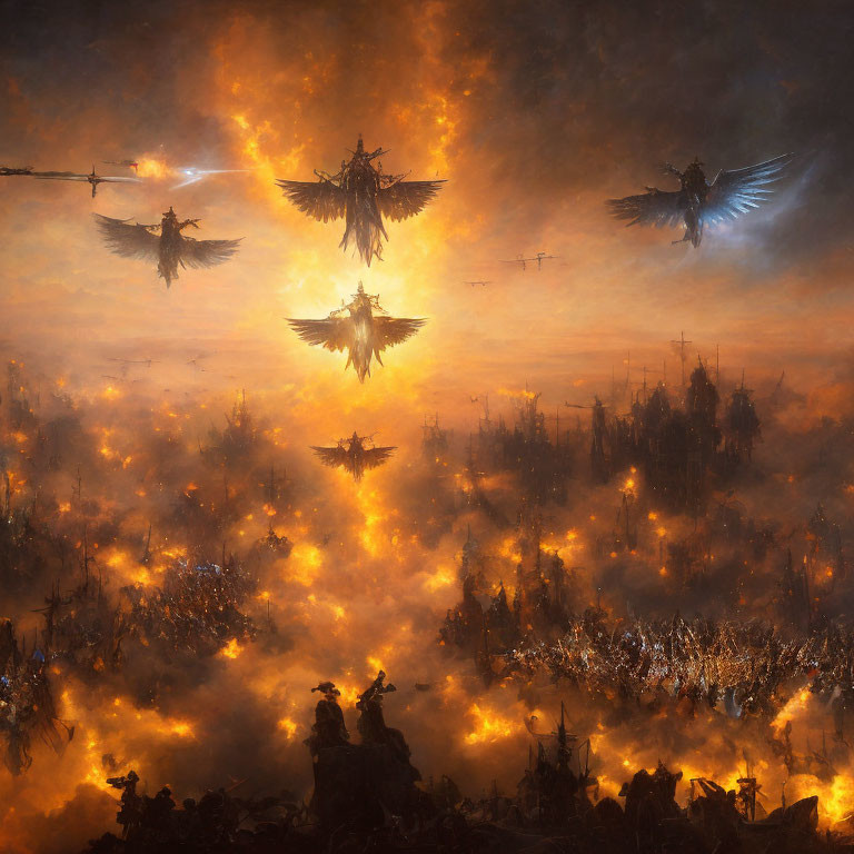 Fantasy Battle Scene: Winged Beings, Fiery Chaos, Warriors Clash, Golden Glow