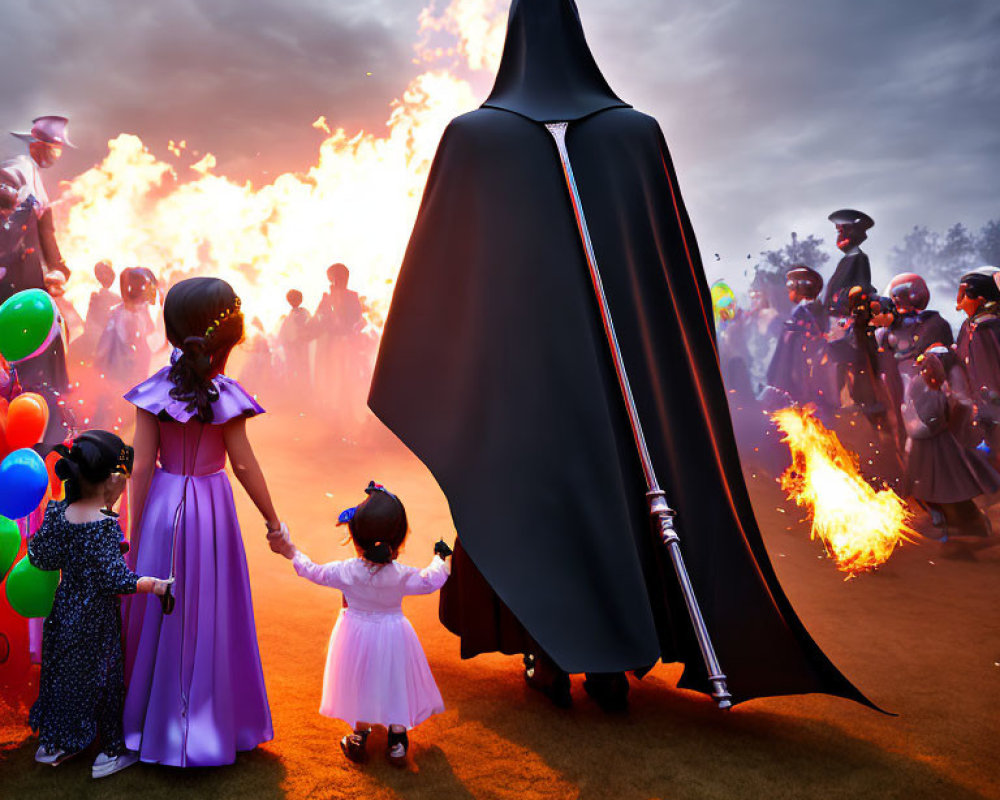 Cloaked figure guiding two girls to sparkler-lit crowd at dusk