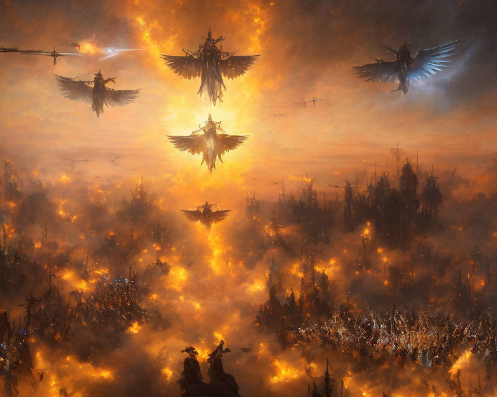 Fantasy Battle Scene: Winged Beings, Fiery Chaos, Warriors Clash, Golden Glow
