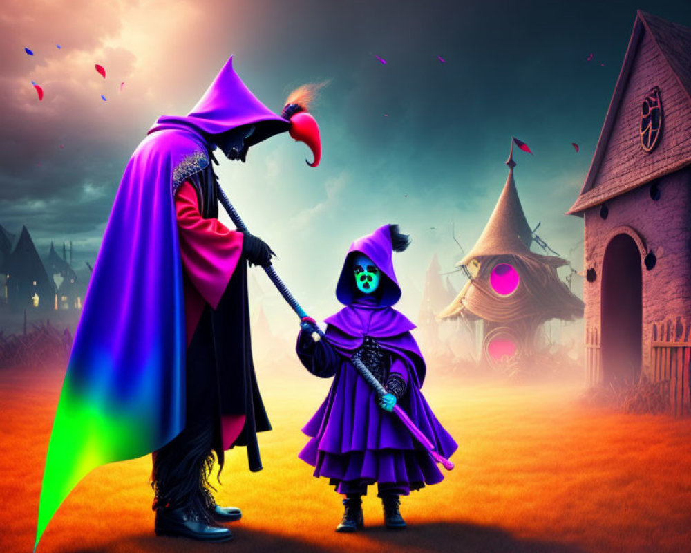 Fantasy setting with two figures in vibrant purple cloaks and jester hats