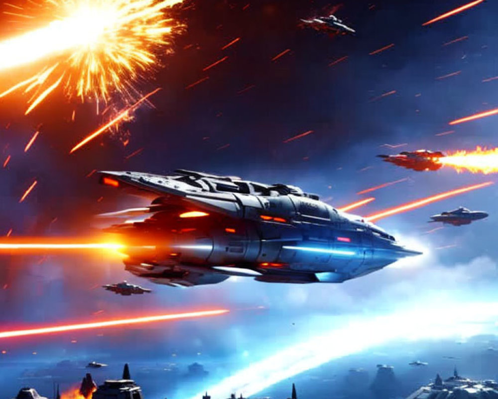 Vibrant space battle with starships, lasers, and explosions