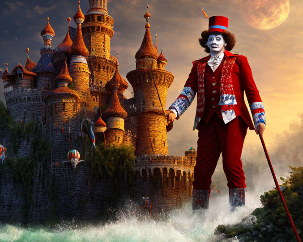 Whimsical character in top hat by fairytale castle with full moon
