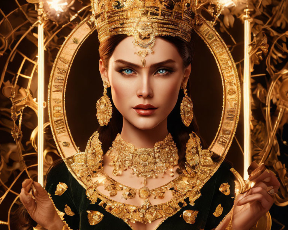 Majestic woman with blue eyes in golden crown and jewelry surrounded by gilded ornaments