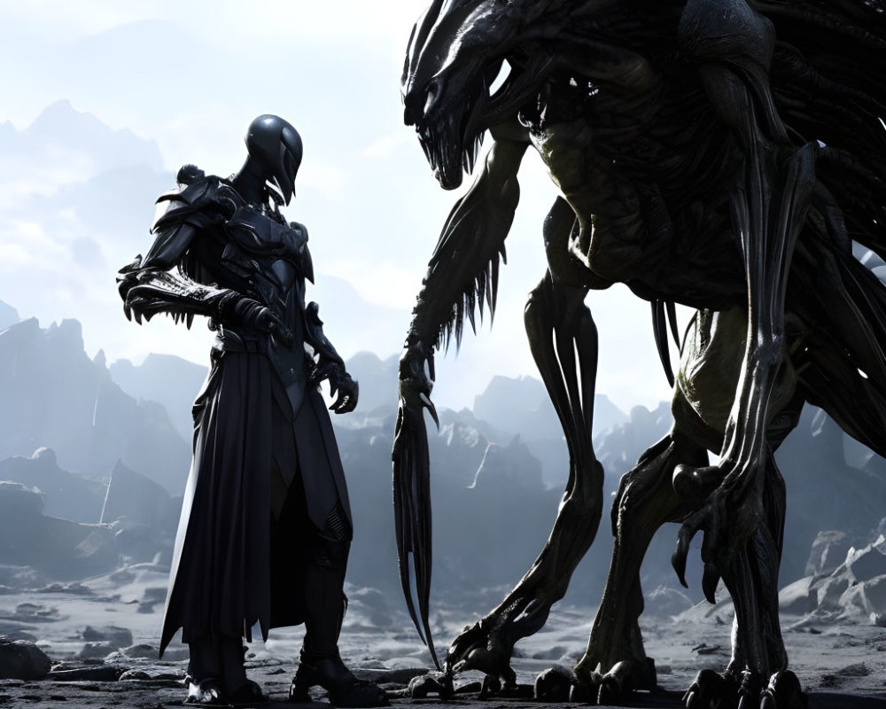 Futuristic armored person confronts alien on rocky landscape