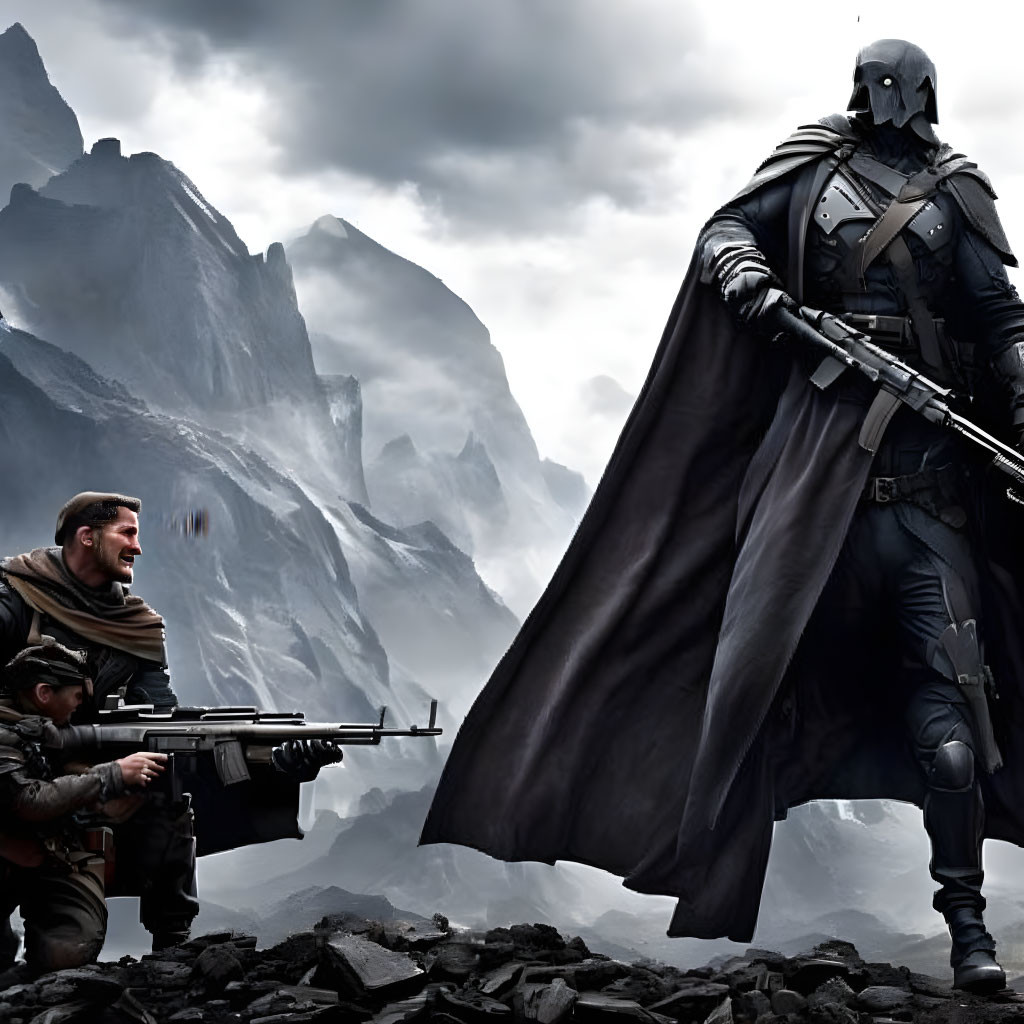 Futuristic soldiers in armor and cape with rifle against mountain backdrop