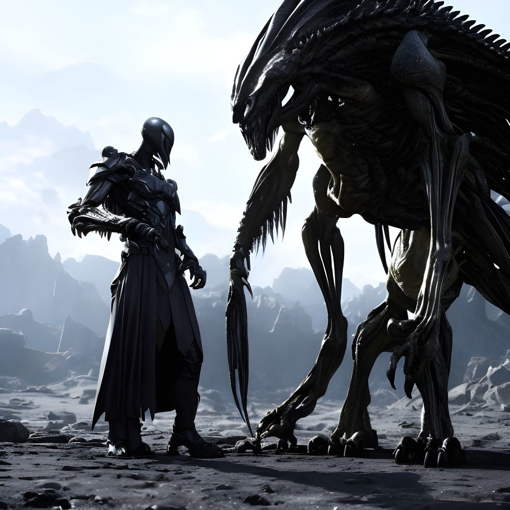 Futuristic armored person confronts alien on rocky landscape
