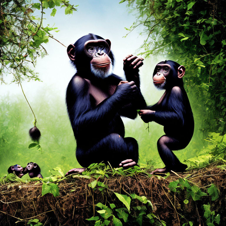 Cartoon chimpanzees in jungle setting with fruit and interaction.