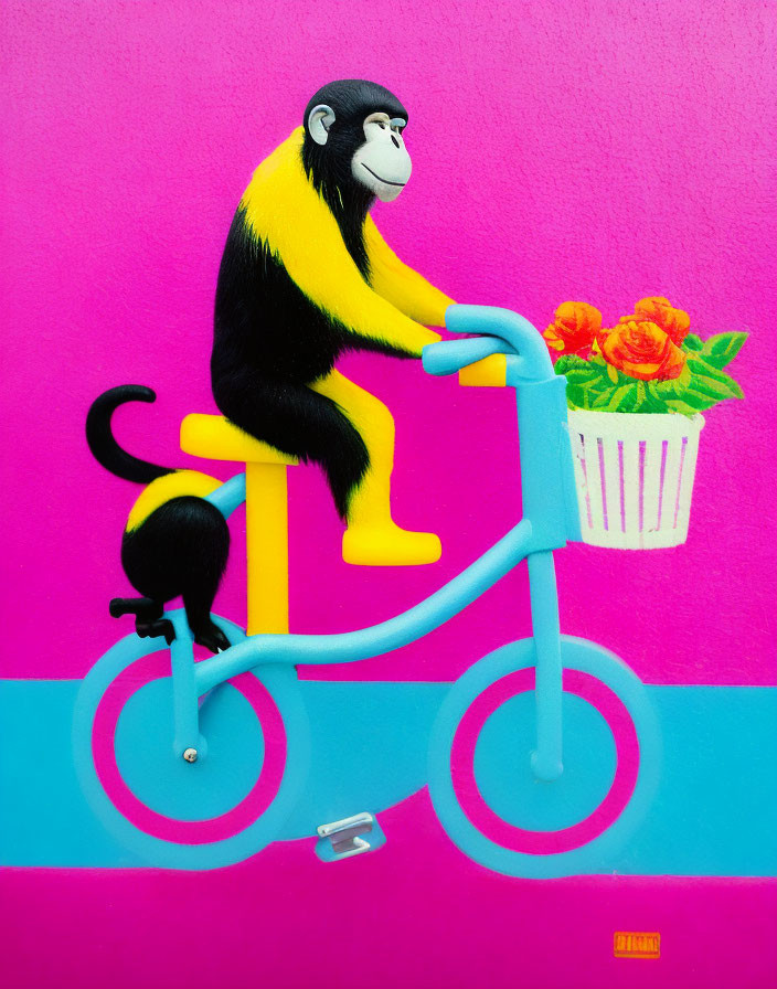Colorful Monkey Riding Bicycle with Roses on Pink Background