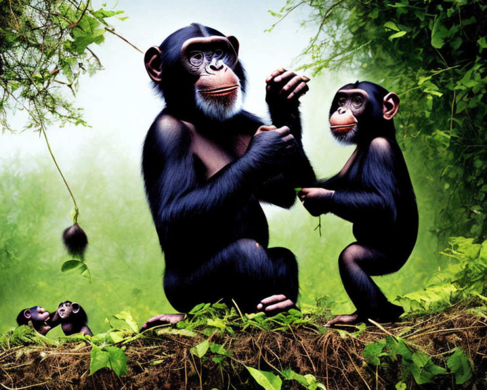 Cartoon chimpanzees in jungle setting with fruit and interaction.