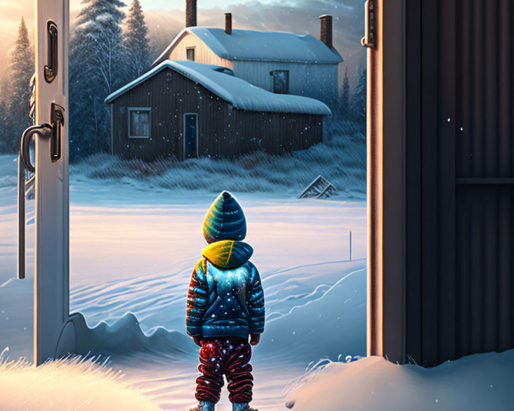 Child in colorful winter outfit gazes at snow-covered house at twilight