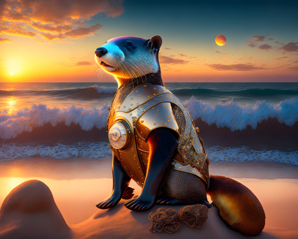 Medieval armor-clad badger gazes at ocean sunset with vibrant sky and distant planet.