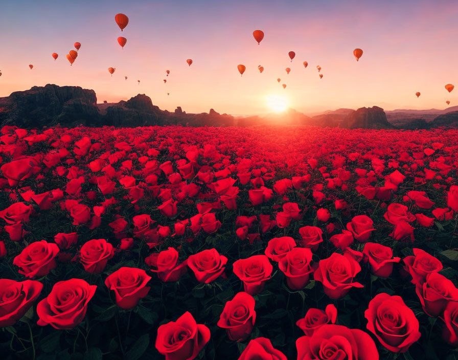 Scenic red roses field with hot air balloons at sunset