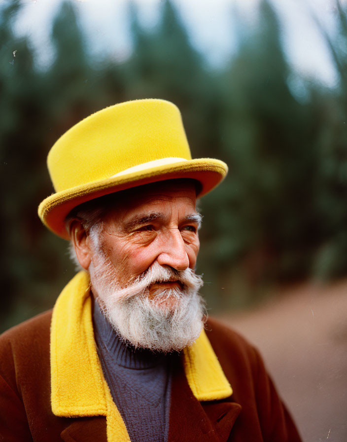 Elderly man in white beard and yellow hat smiles in nature.