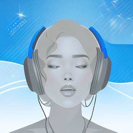 Stylized female figure with large headphones on abstract blue background