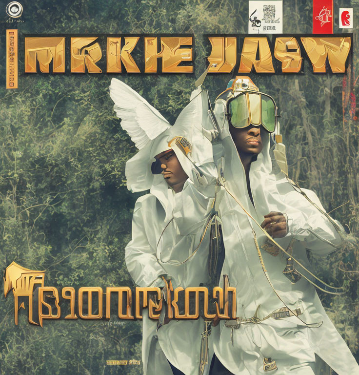 Futuristic album cover with two people in white outfits and geometric headpieces