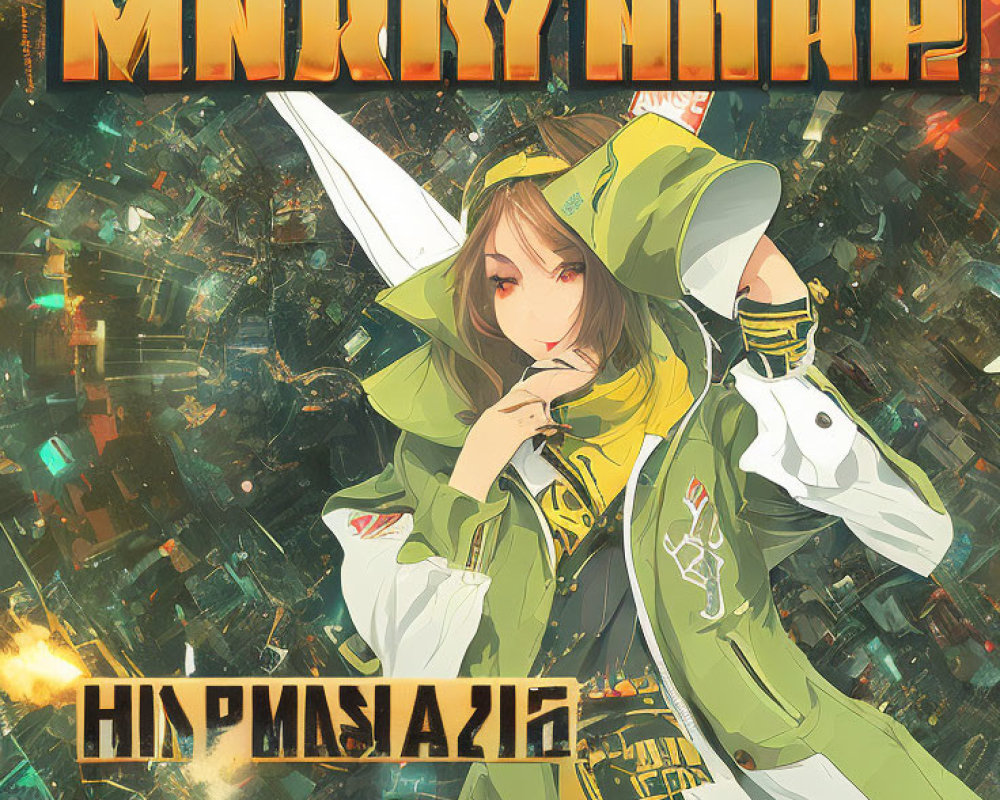 Anime-style character in green hoodie with futuristic city backdrop and stylized text "MNKY MNKN