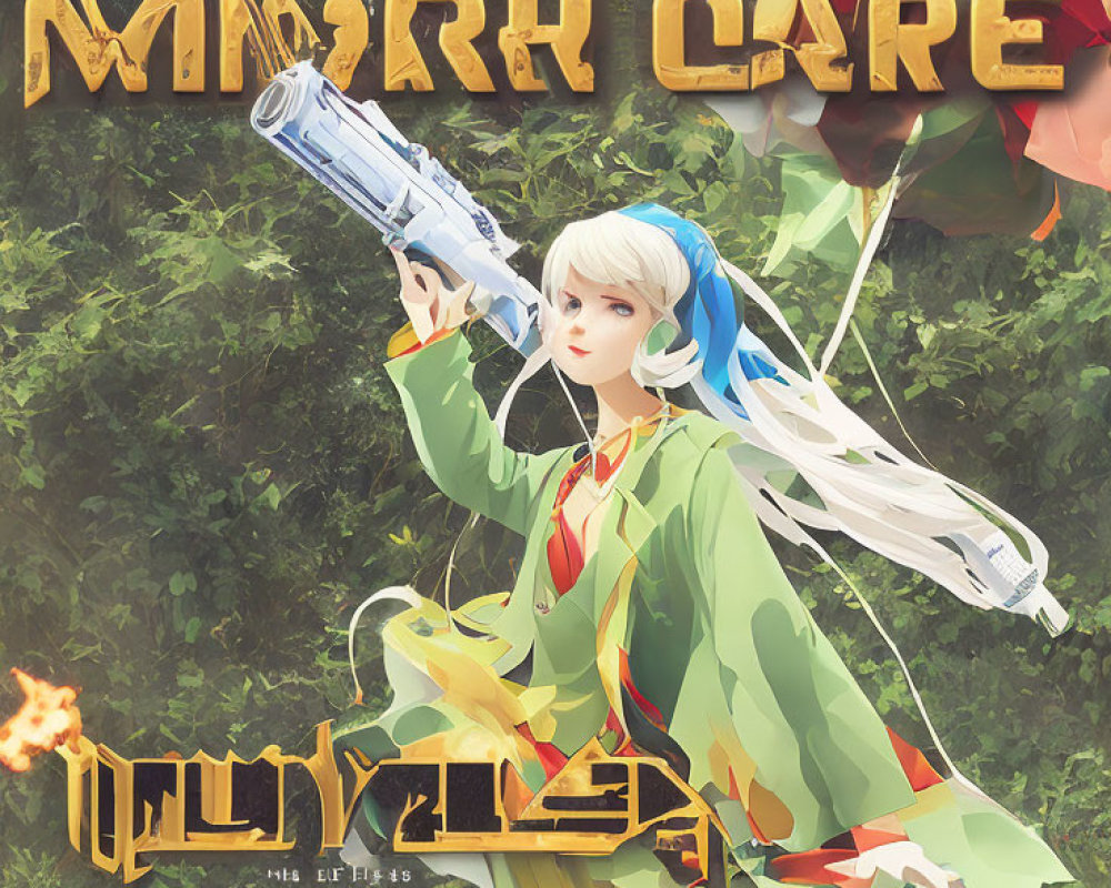Short-haired character with headphones holding sci-fi gun in front of leafy background.