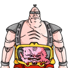 Muscular animated character with mohawk and red pants wearing championship belt and vest