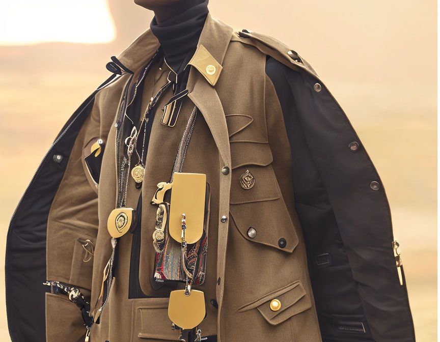 Person in Stylish Trench Coat with Chains, Charms, and Smartphone Case in Desert Setting