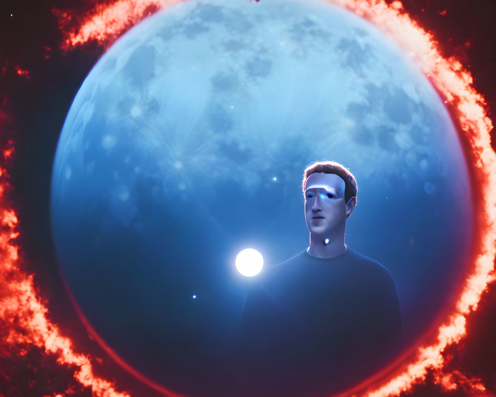 Person superimposed on cosmic background with celestial body and fiery ring.
