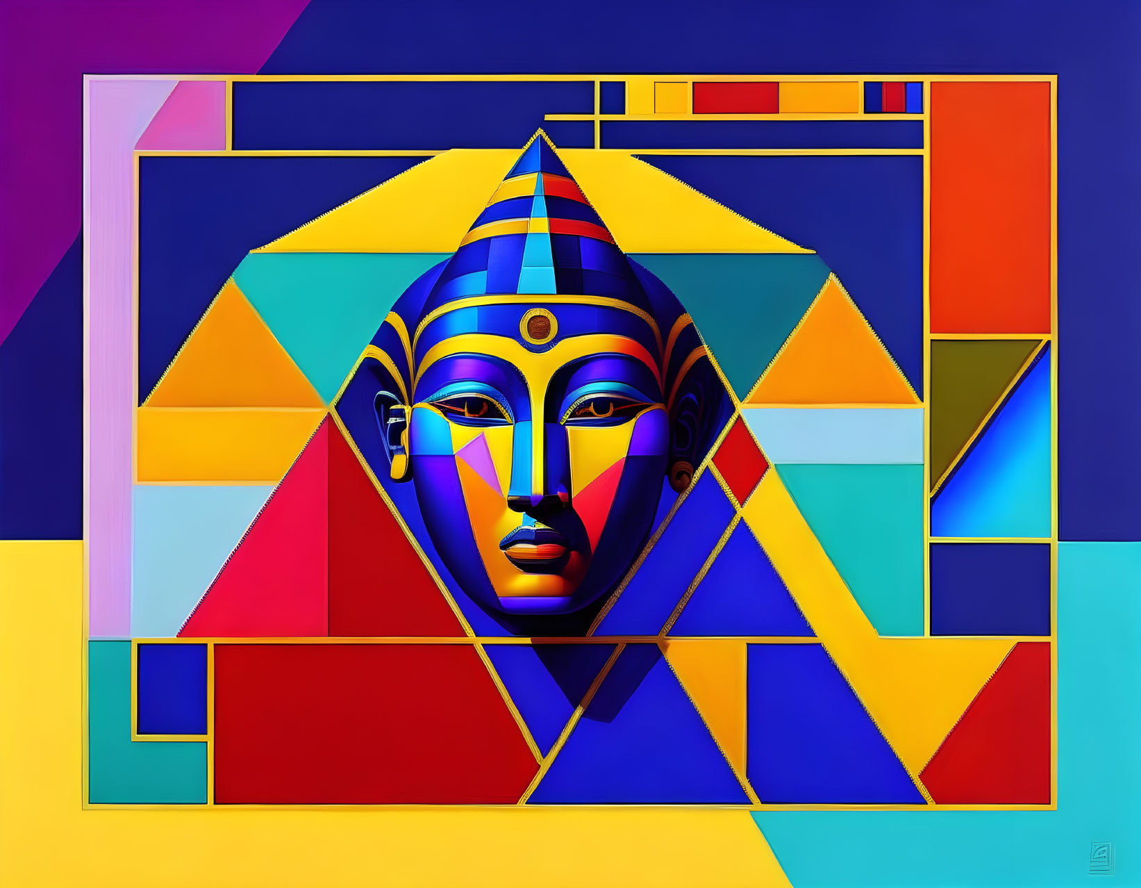 Vibrant geometric abstract art of Egyptian pharaoh's head with headdress