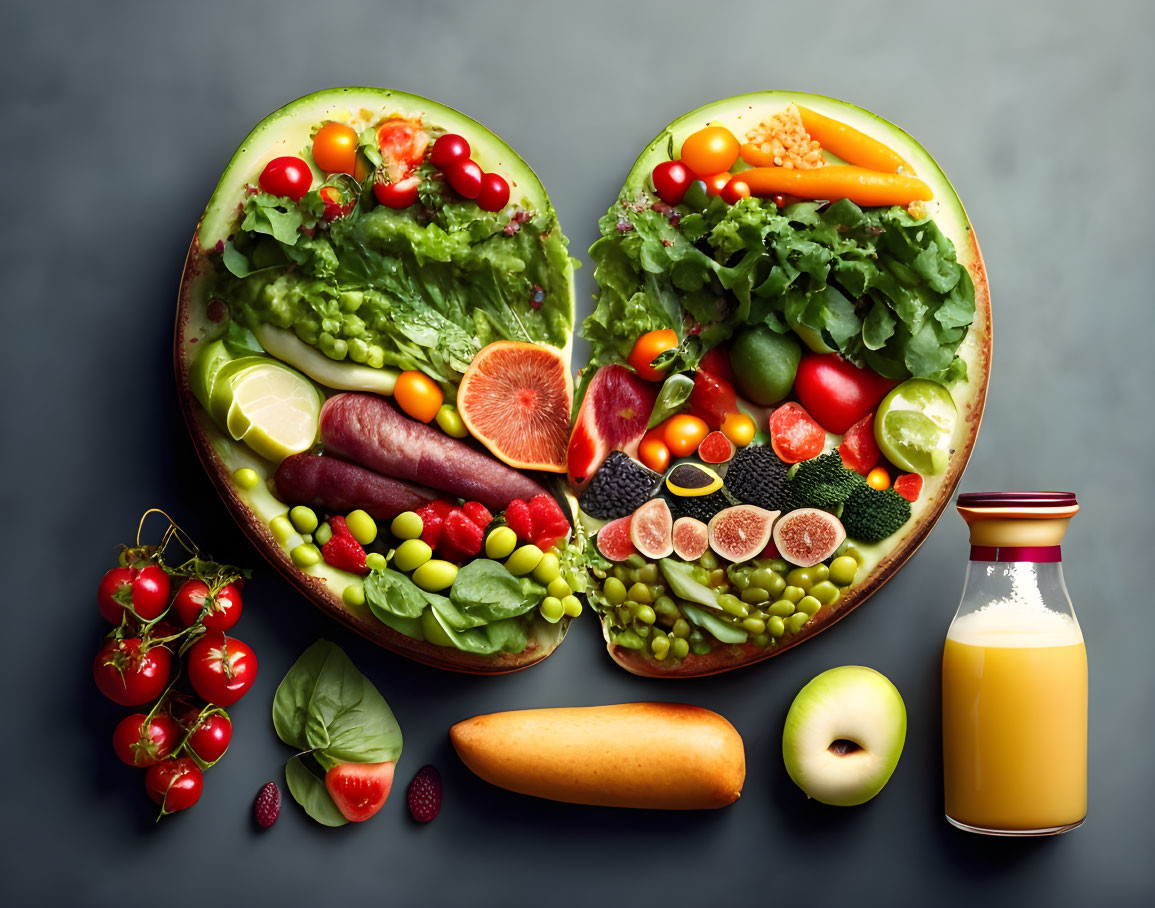 Heart-shaped healthy food arrangement with fruits, vegetables, nuts, meats, and juice on dark background