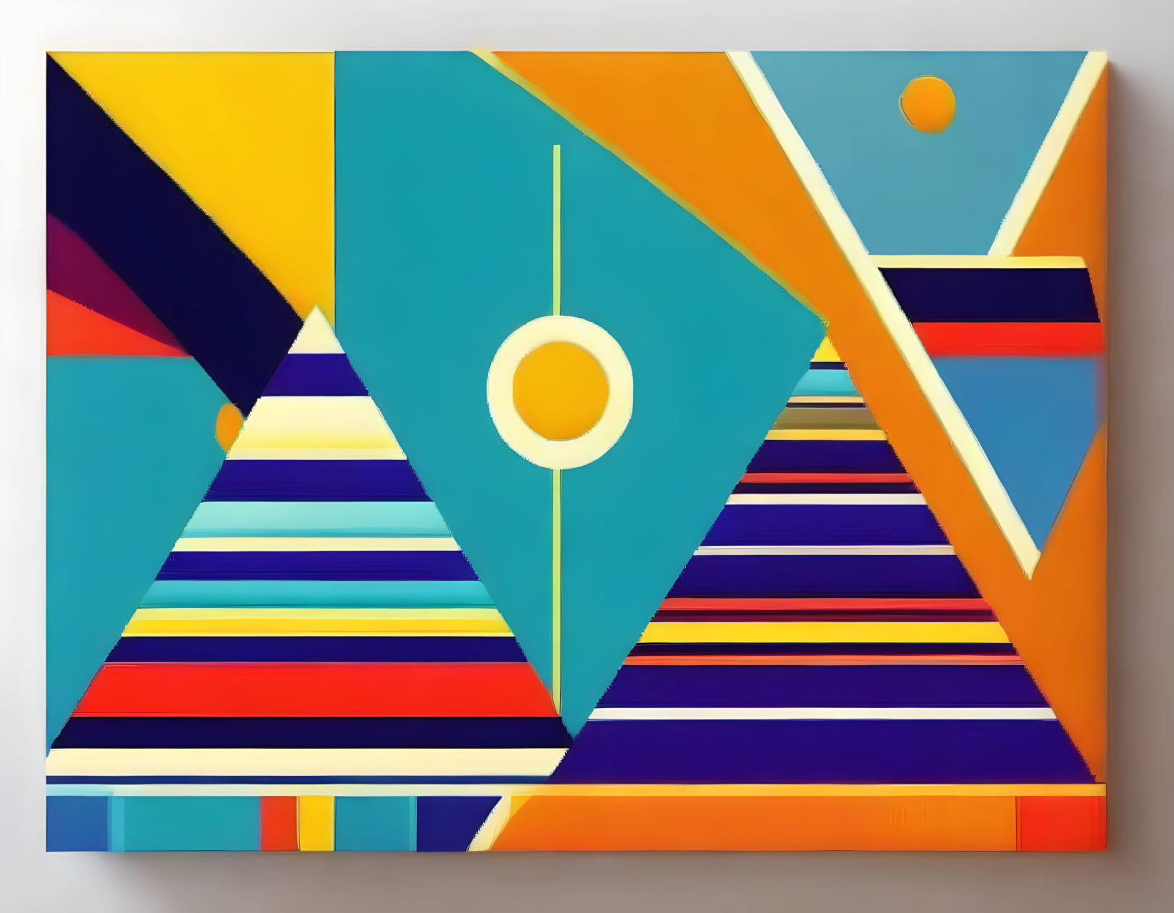 Colorful Geometric Abstract Painting with Stripes, Triangles, and Circles