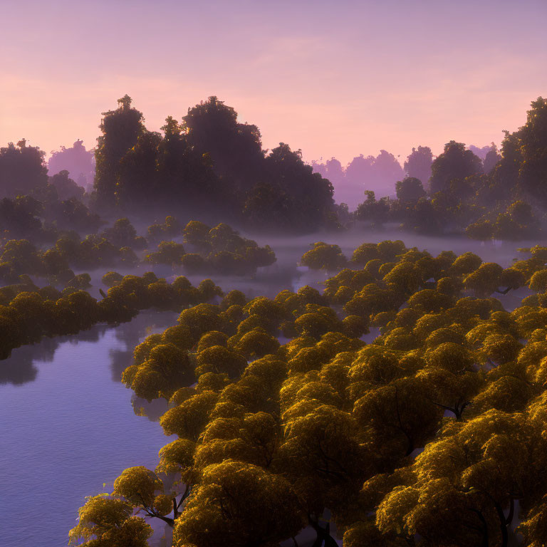 Sunrise light illuminates misty forest canopy and tranquil water.
