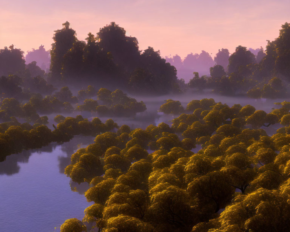 Sunrise light illuminates misty forest canopy and tranquil water.