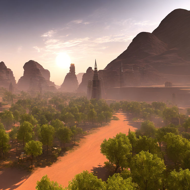 Sunrise over lush desert oasis with river and mountains