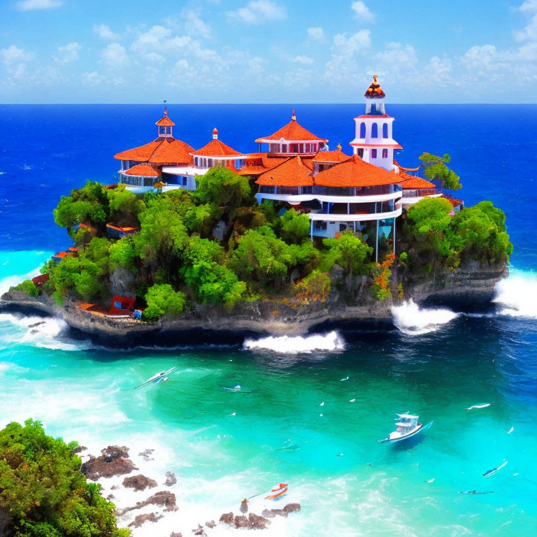 Scenic tropical island with red-roofed building and turquoise water