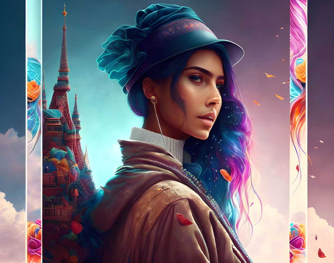 Colorful-haired woman in stylish hat against magical castle backdrop