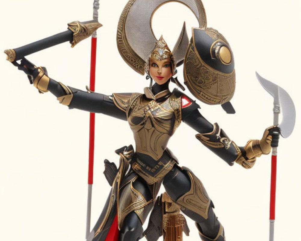 Warrior woman figurine in black and gold armor with shield and spear on stand