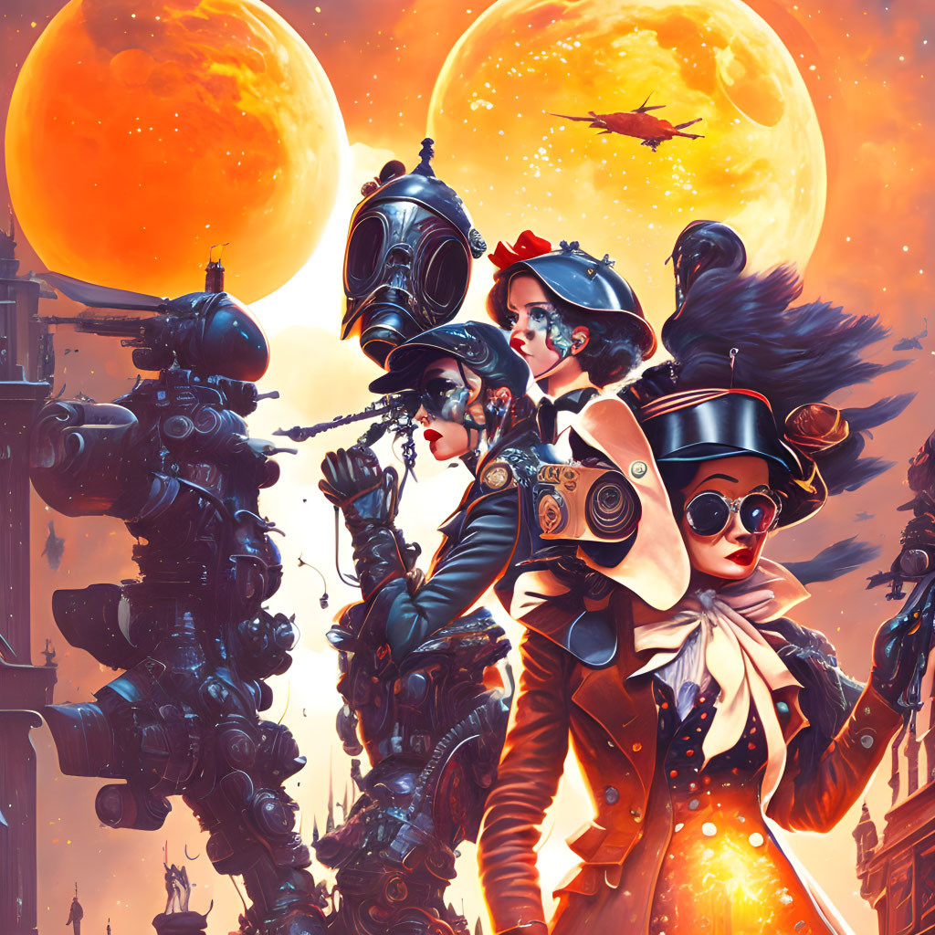 Steampunk-themed illustration with Victorian characters, mechanical designs, and dual moons