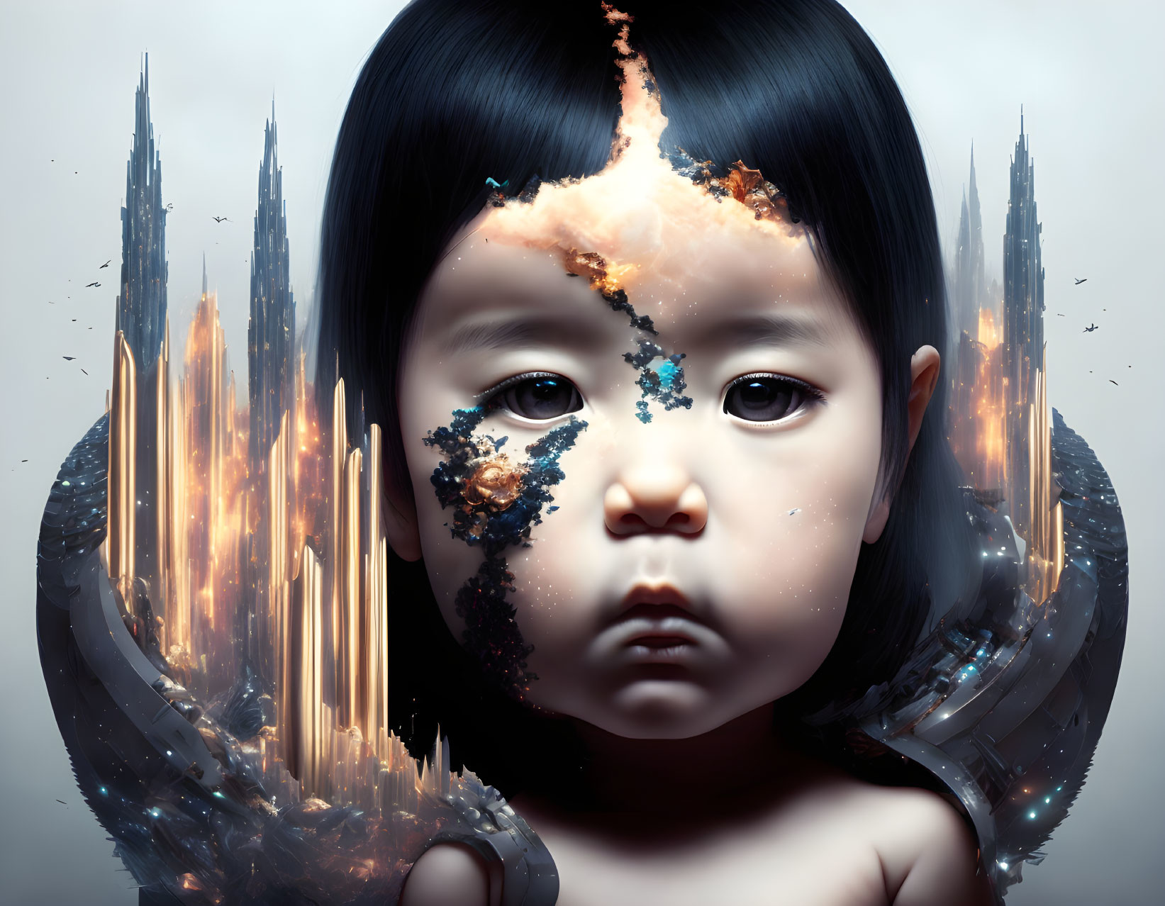 Child with cosmic crack merges cityscape and space in surreal digital artwork