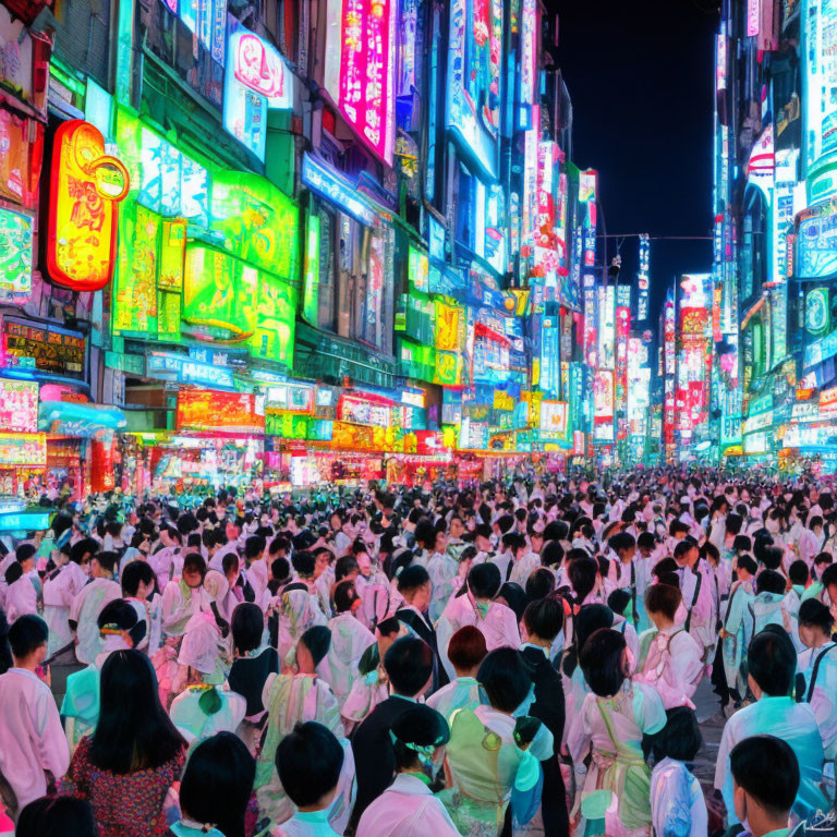 Vibrant neon-lit street scene with crowd and colorful signage