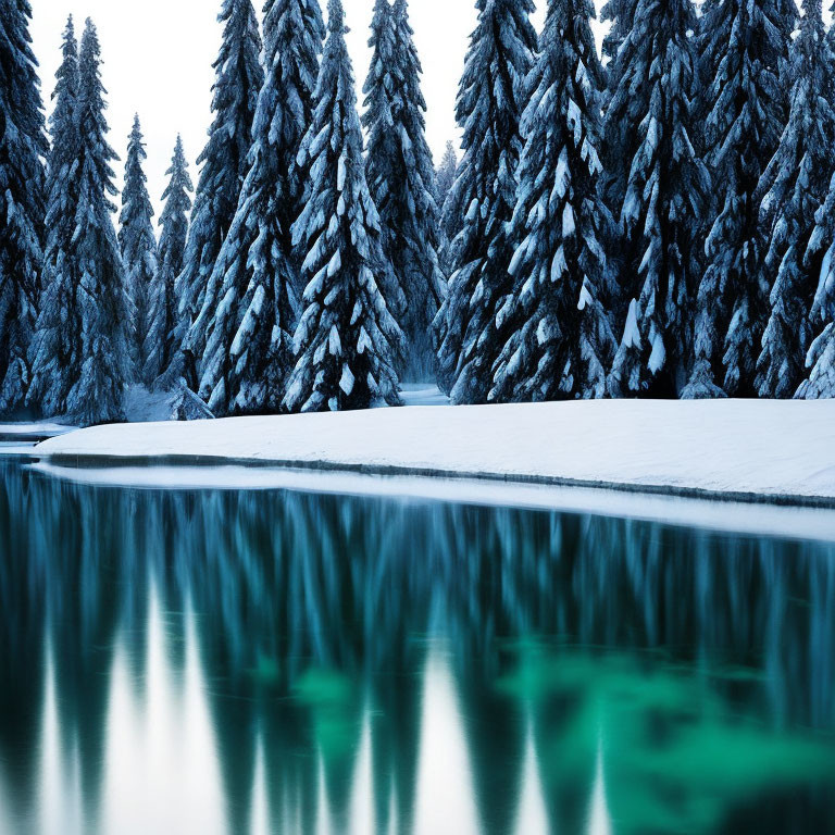Tranquil winter scene: snow-covered pine trees by turquoise lake