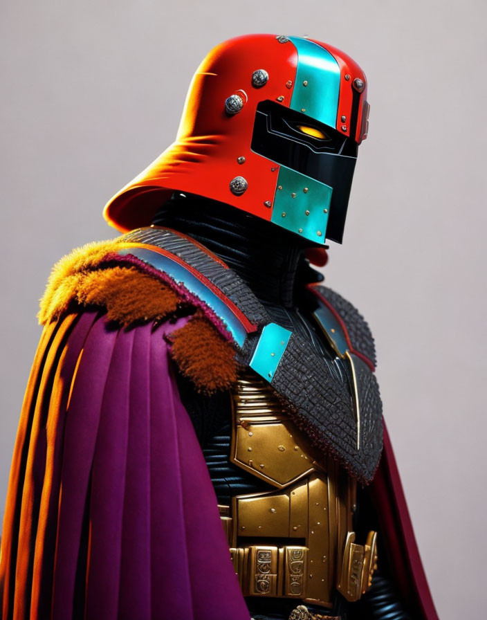 Colorful Helmet and Armor with Purple Cape: Futuristic Warrior Aesthetic
