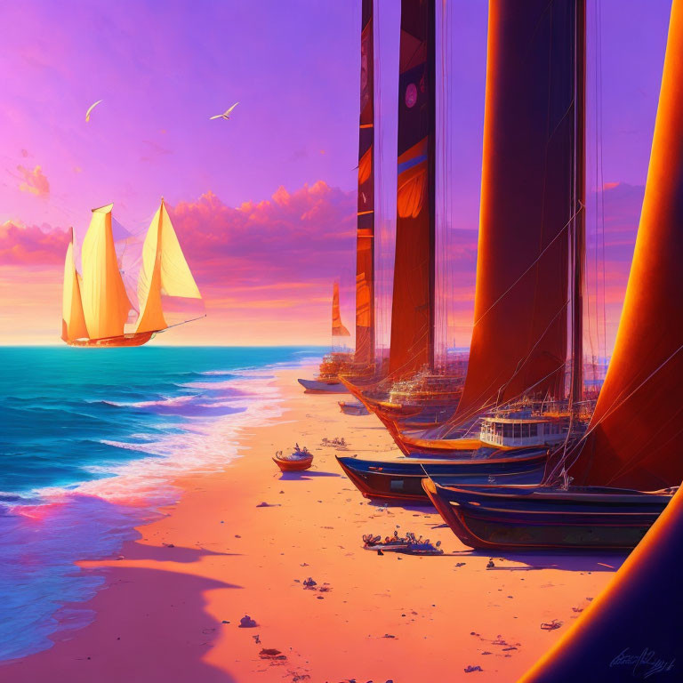 Sailboats on sweeping shoreline at vivid sea sunset