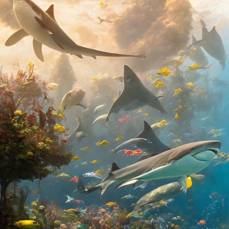 Colorful Sharks Swimming in Serene Underwater Scene