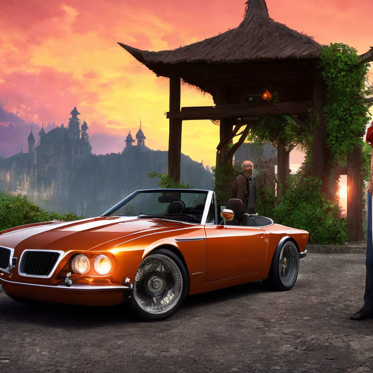 Classic convertible car with sunset, castle, and gazebo scene.