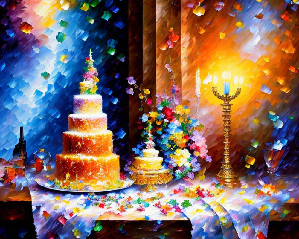 Vibrant impressionistic painting of tiered cake, flowers, candelabra, and confetti