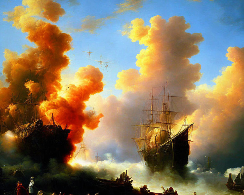 Maritime oil painting: naval ships in battle with smoke plumes
