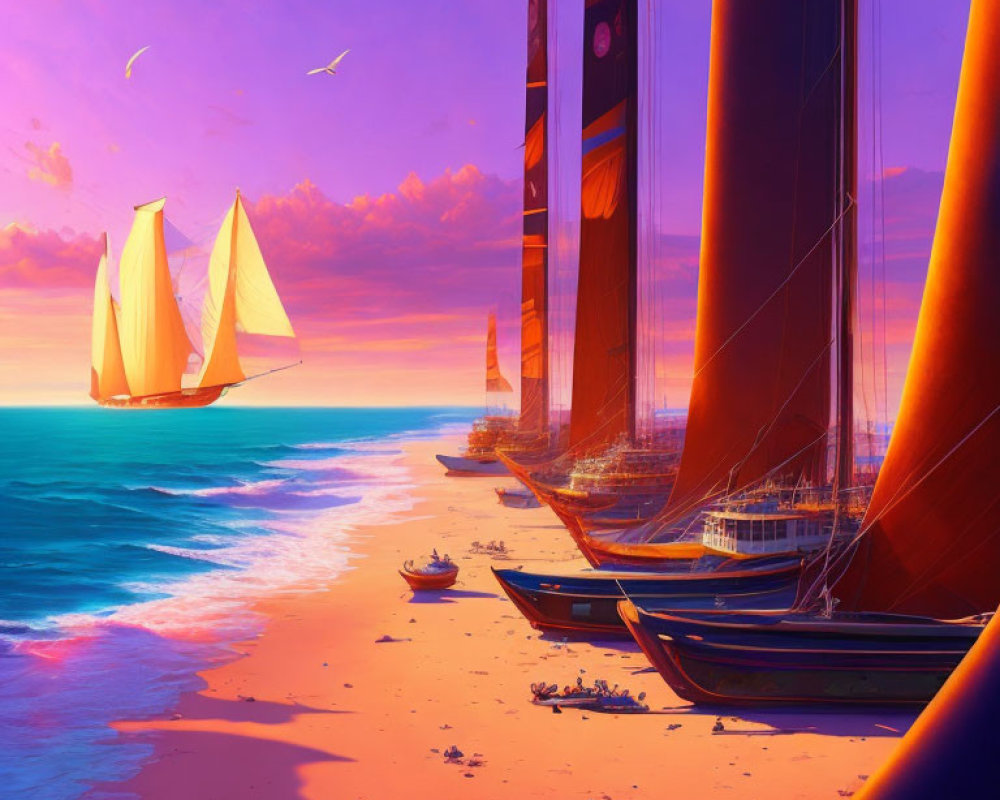 Sailboats on sweeping shoreline at vivid sea sunset