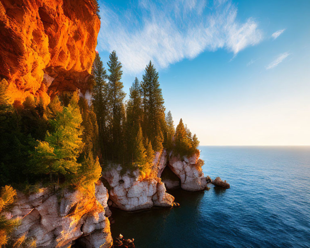 Golden sunrise over red cliffs and green trees by serene blue waters