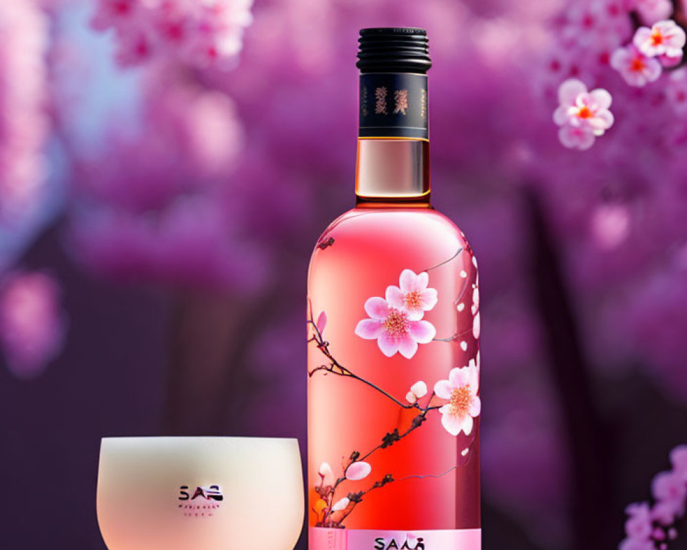 Sakura-themed Beverage with Cherry Blossoms Background